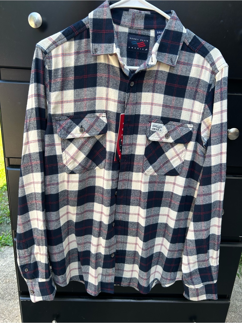 Perry Ellis Navy, Cream & Red Plaid Button-Down Shirt